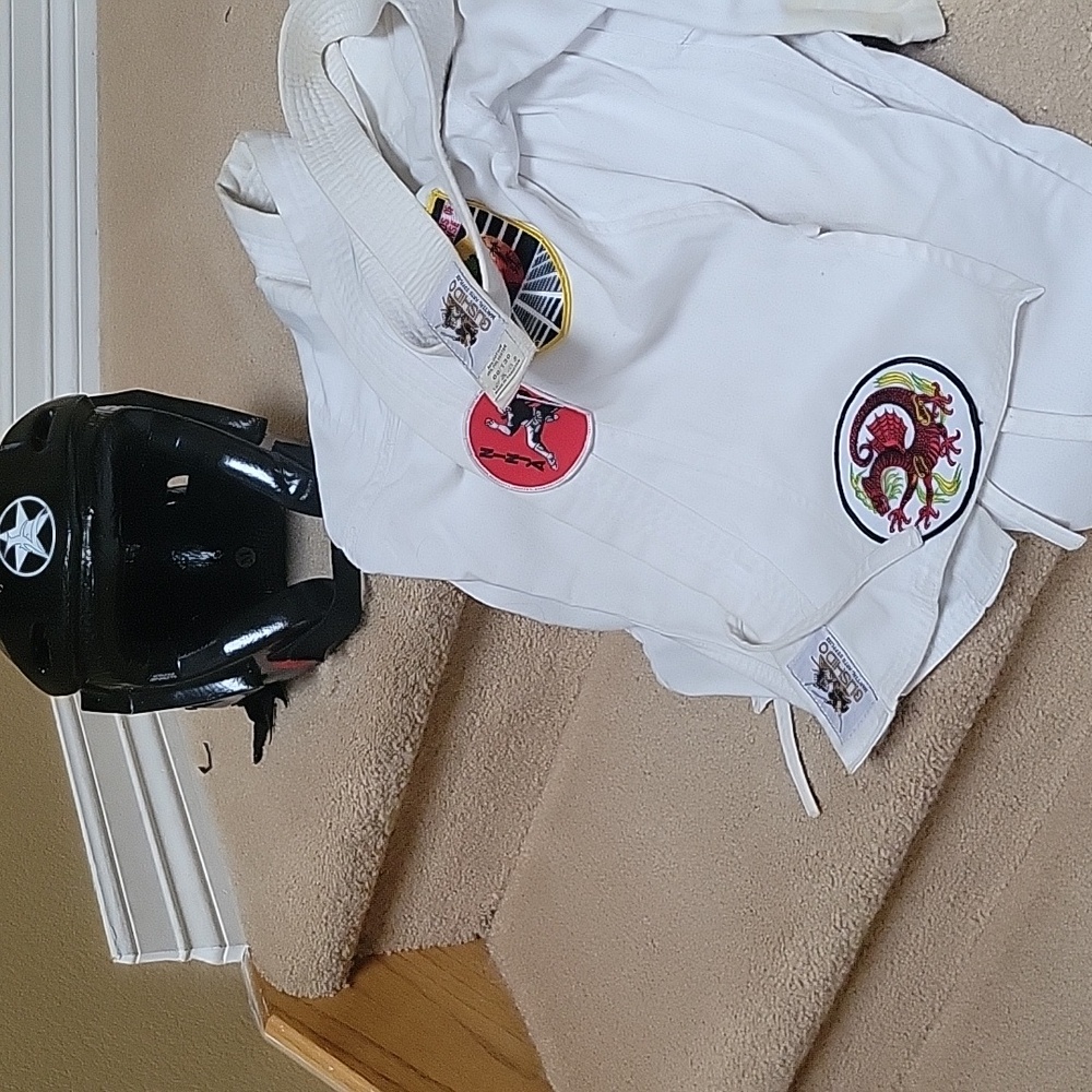 Bushido karate uniform and head gear, belt,  jacket,  pants